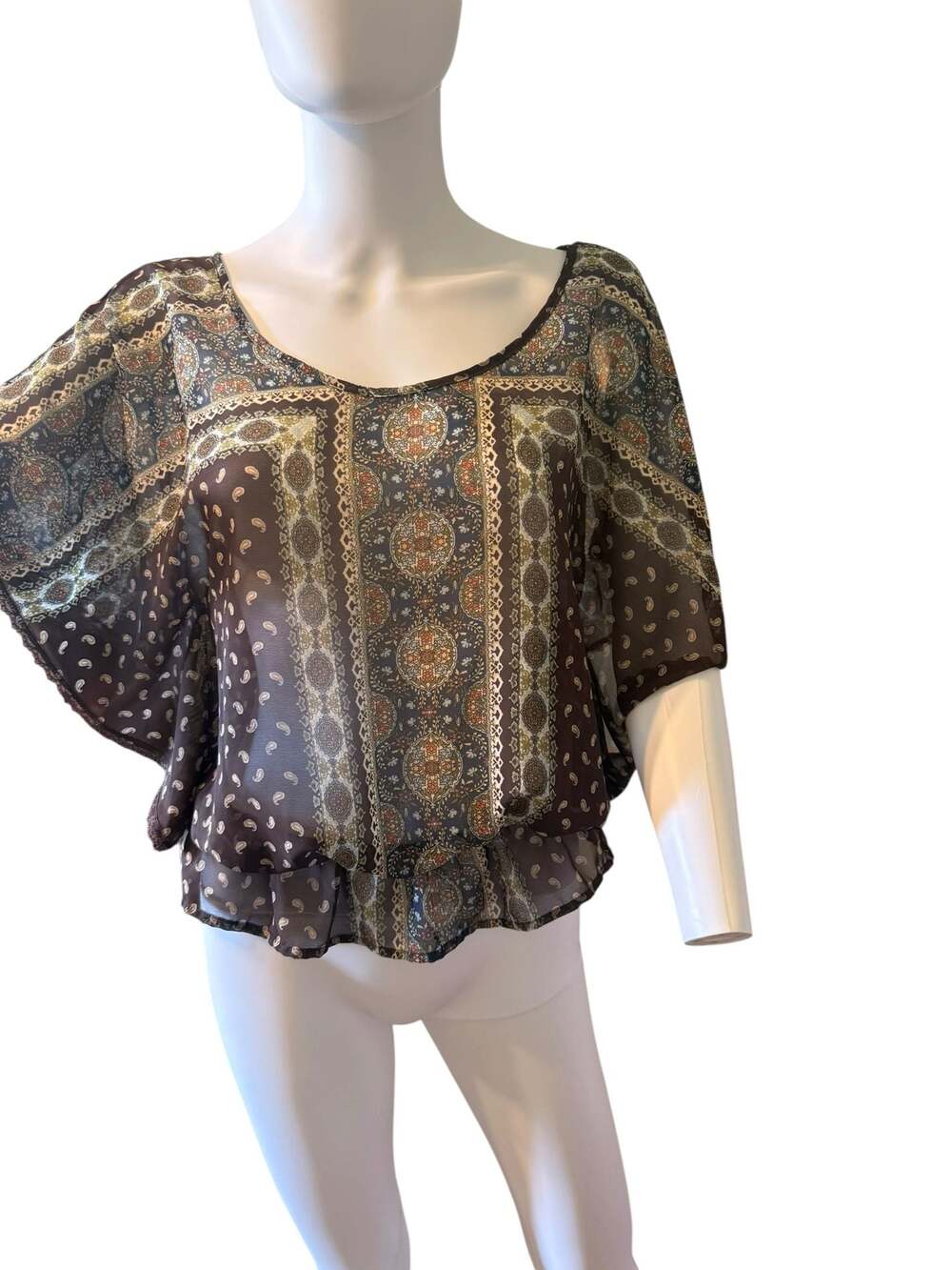 Mudd Boho Paisley Print Sheer Scoop Neck Blouse